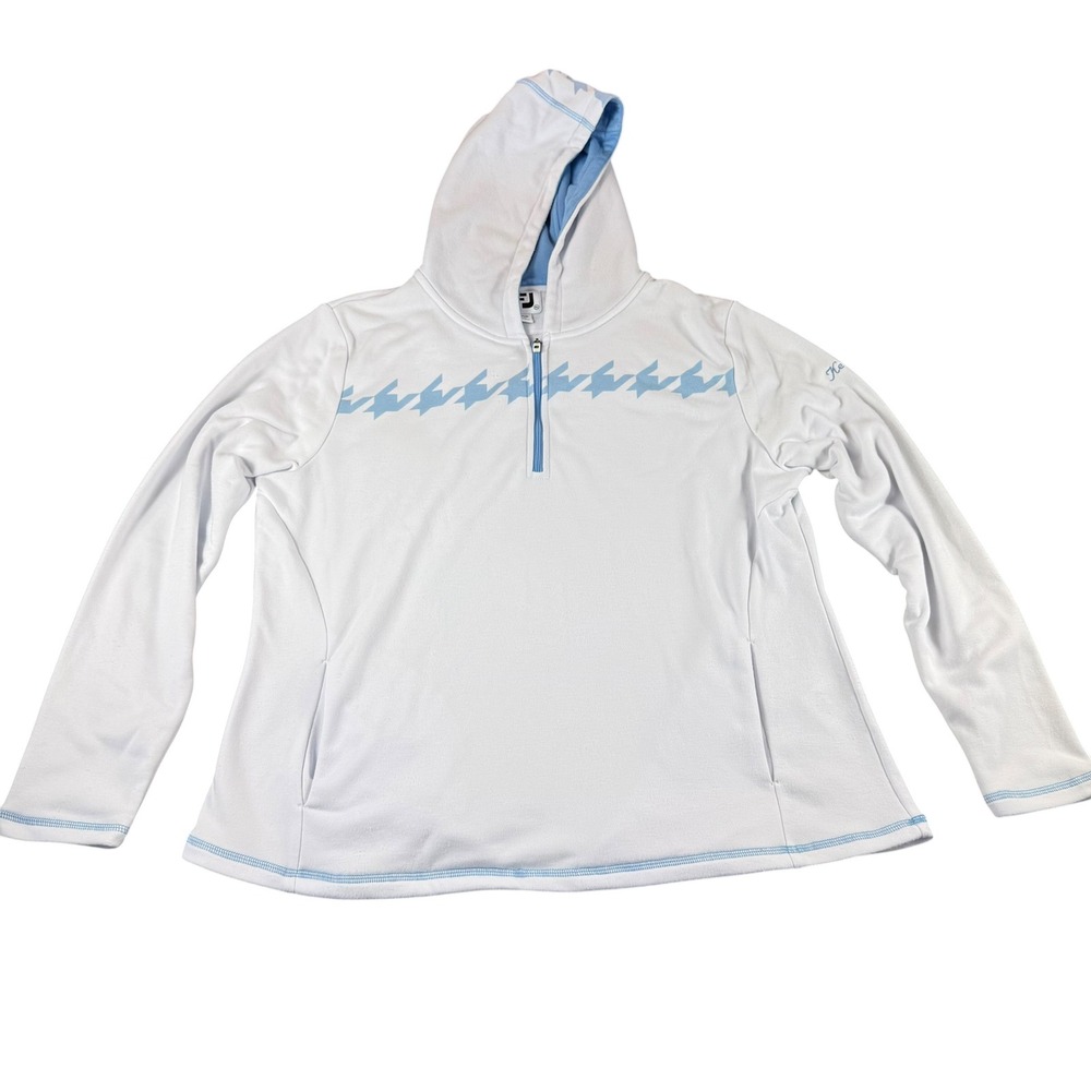 FootJoy Women XL Half Zip Hooded Pullover‎ White Blue Houndstooth Golf 28245 NEW